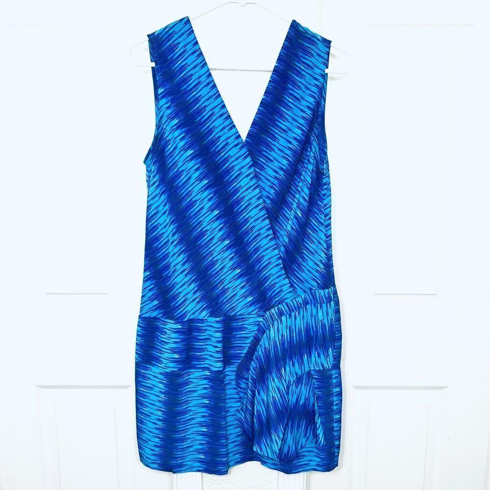 Tracy Reese Bright Blue 100% Silk Sleeveless Printed Mini Dress Low Cut Size 6